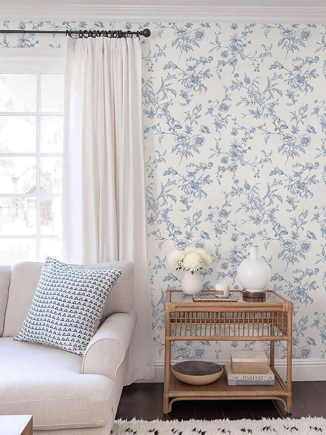 Ismoon Peel and Stick Wallpaper Floral Vintage Stick on Wall Paper Blue and White Contact Paper for Cabinet French Textured Removable Self Adhesive Wallpaper Vinyl for Bedroom Wall Deco 17.3 x 78.7in - Image 5