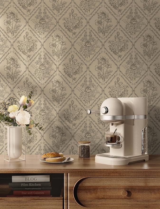 Toduso Vintage Peel and Stick Wallpaper Brown Floral Wallpaper for Kitchen Boho Neutral Contact Paper Removable Waterproof Self Adhesive Wall Paper for Bathroom Bedroom Drawer Decor Vinyl 17.3"x196.8" - Image 3