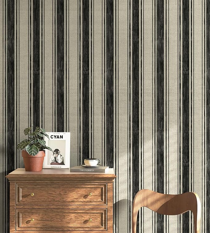 Safiyya Peel and Stick Wallpaper Black and Cream White Hand-Painted Striped Contact Paper Beige Vintage Wall Paper Self Adhesive Removable Wallpaper for Bedroom Bathroom Vinyl 17.3"×78.7" - Image 3