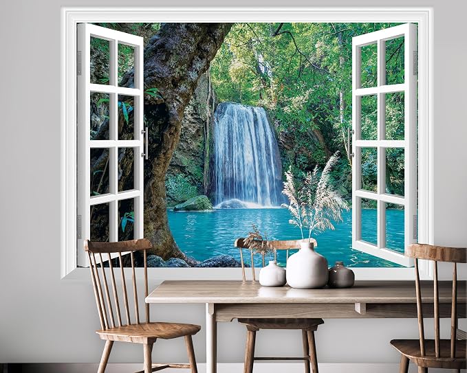FLFK Fake Window Wall Mural - Waterfall and Lake in The Jungle Faux Window Wall Decal for Wall Decor, Peel and Stick Wall Sticker,80"x60",Set of 5 Sheets - Image 4