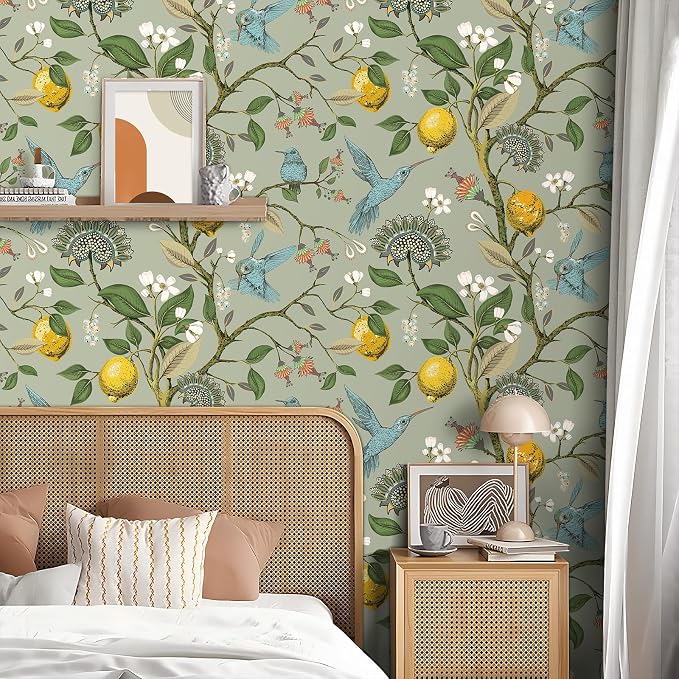 Livelynine 17.5x276" Peel and Stick Wallpaper Boho Green Vintage Floral Wallpaper Pre Pasted Wall Paper Removable Fresh Lemon Tree Teal Blue Bird Green Floral Contact Paper for Walls Kitchen Cabinets - Image 5