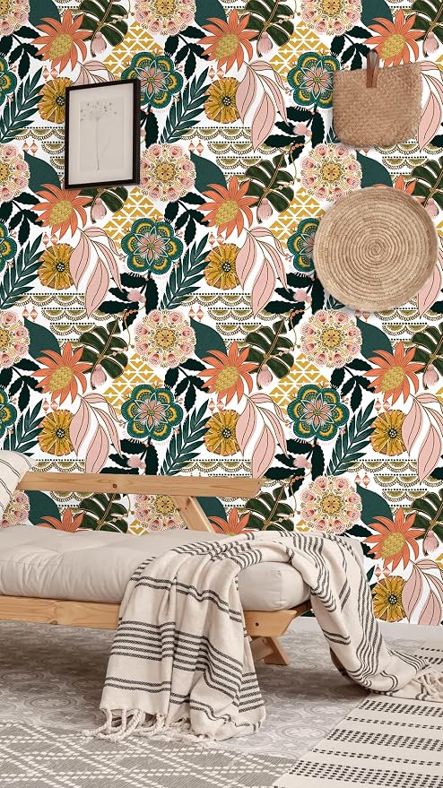 HAOKHOME Peel and Stick Wallpaper Boho Tropical Floral Botanical Colorful | Textured Removable Waterproof Renter Friendly Wall Paper Retro White Pink Green Banana Leaf Bathroom Bedroom 17.3in x 9.8ft - Image 2