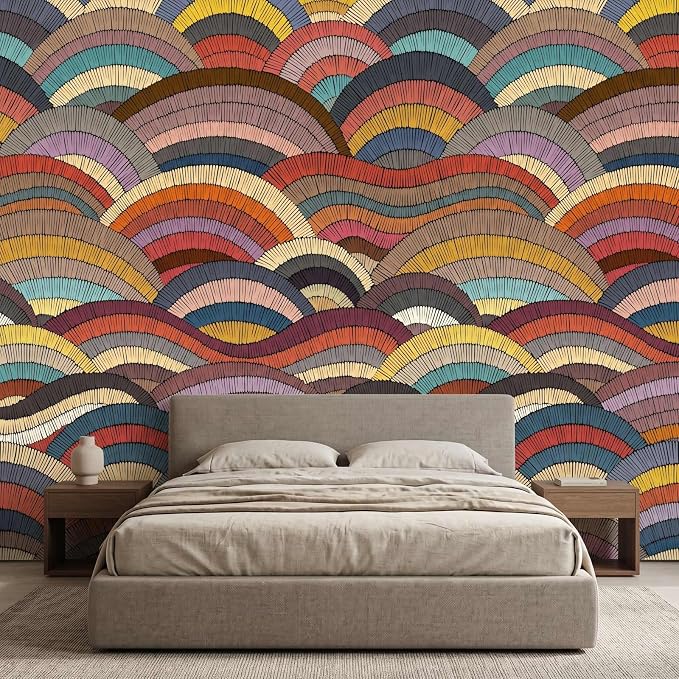 Boho Peel and Stick Wallpaper Rainbow Wave Wall Mural | 137"x96", Self Adhesive Canvas, for Bedroom Living Room Bathroom, Seamless, No overlapping by LOOWAP