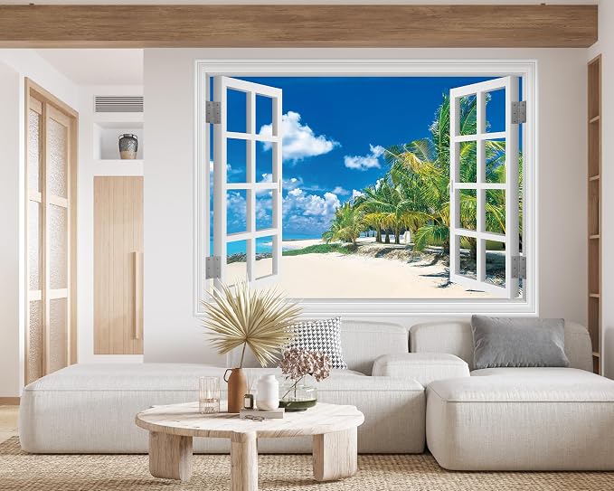 FLFK Fake Window Wall Sticker, White Frame Tropical Beach Scene, Peel and Stick Removable Wall Decal, Paradise Ocean View with Palm Trees, 80 x 60 Inches, Modern Style, Indoor Use - Image 5