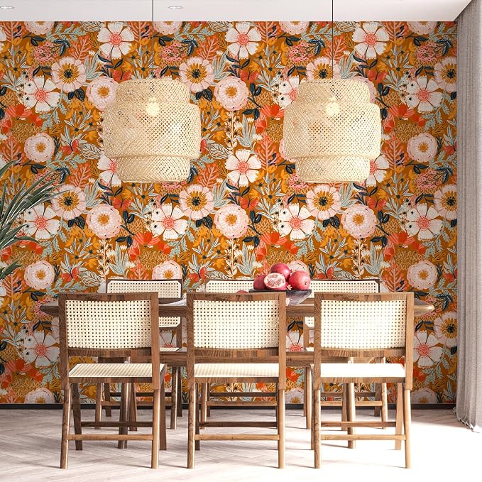 HAOKHOME Orange Floral Peel and Stick Wallpaper Boho Vintage 17.3in x32.8ft | Botanical Textured Wall Paper Renter Friendly Removable Pink Flowers Bathroom Bedroom Accent Decor Stick on Contact Paper - Image 4