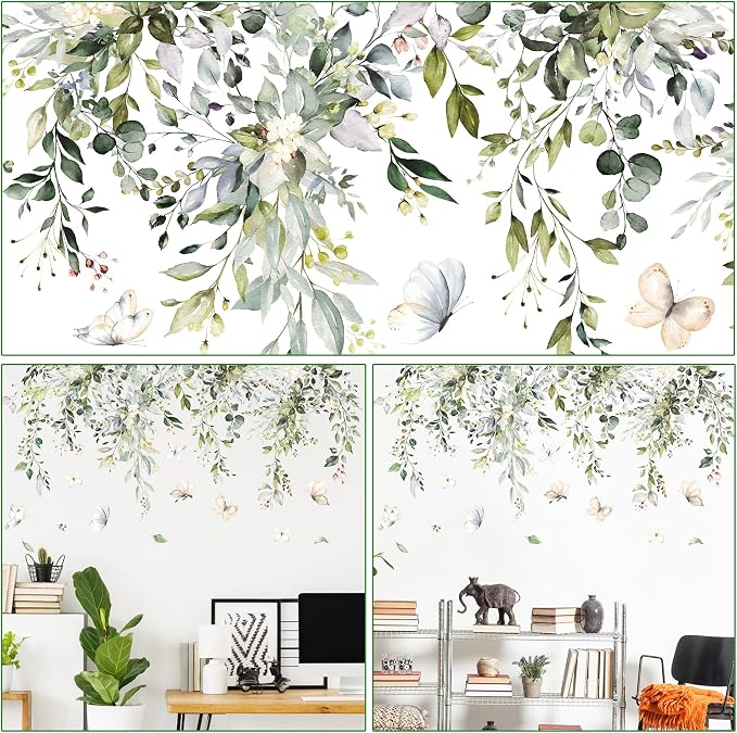 Hanging Green Leaves Wall Decals Elegant Plants Wall Stickers DIY Vinyl Peel and Stick Butterfly and Leaf Wall Art Murals for Kids Girls Bedroom Living Room Offices Nursery Closet Ceiling Vertex Line (B) - Image 3