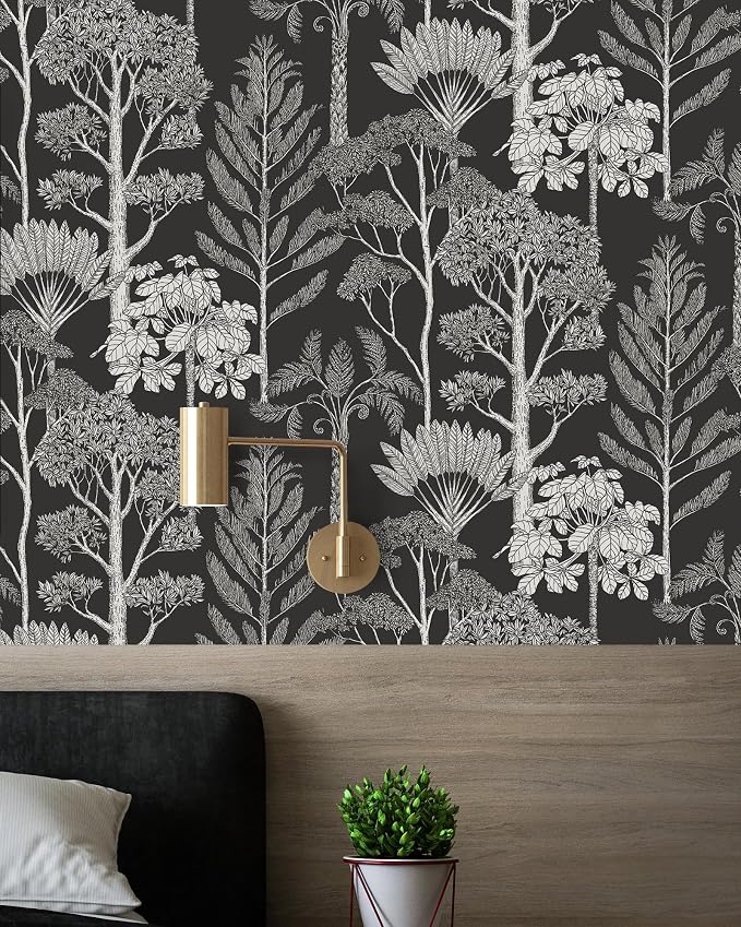 Forest Peel and Stick Wallpaper Boho Tree Black 17.3inW 393inL | Vintage Vinyl Self Adhesive Wallpaper, Removable,Easy Match, Moody Dark Bedroom Bathroom Living Room Wall Decor Waterproof by VisitTheLativo