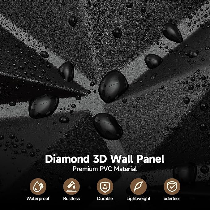 INMOZATA 3D Wall Panels, Diamond Textured PVC Accent Wall Panels | 33-Pack 12" x 12" PVC Decorative Wall Panels for Interior Wall Decor, TV Gaming Living Room, Bedroom Background, Black - Image 3