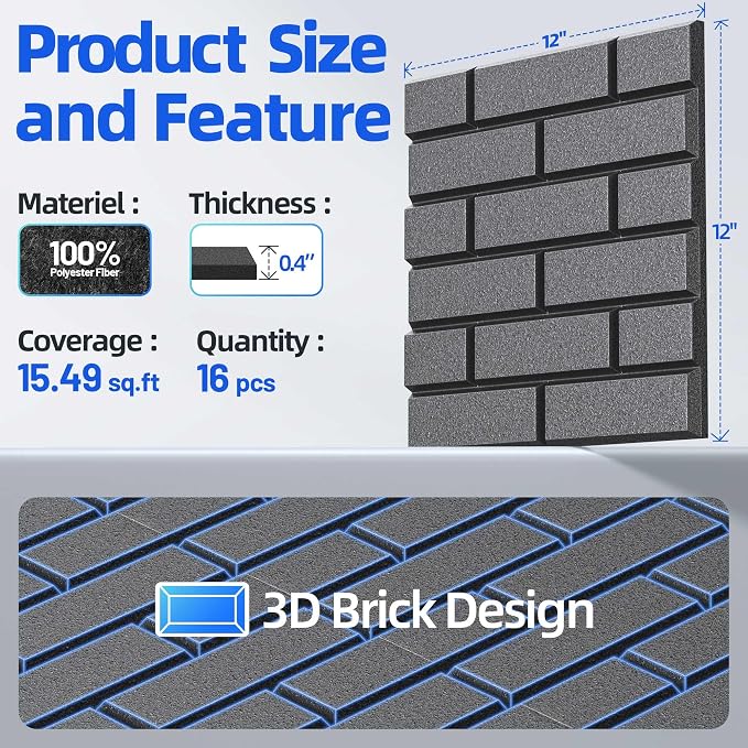 Self-Adhesive Acoustic Panels High Density Sound Proof Foam Panels for Wall | 16 Pack Brick Soundproof Wall Panels, 12" x 12" x 0.4" Sound Dampening Absorbing Panels for Home Studio Decor Office - Black - Image 5