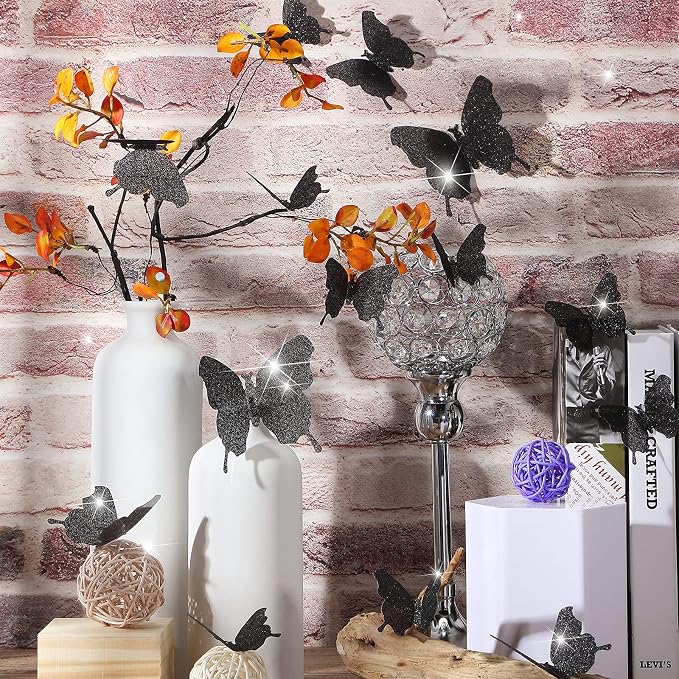 BBTO 48 Pcs 3D Butterfly Mirror Wall Decor,Glitter Black | Butterfly Stickers,3 Sizes,for Birthday Party Cake,Room Nursery Bathroom Wall Decor,Removable Peel Stick,Reflective - Image 6