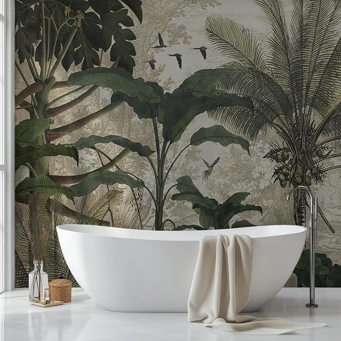 Vintage Tropical Botanical Peel and Stick Wall Mural, Canvas Wallpaper | Large Removable Jungle Mural with Palm Leaves and Birds for Dining Room, Living Room or Accent Wall Decor - Image 3