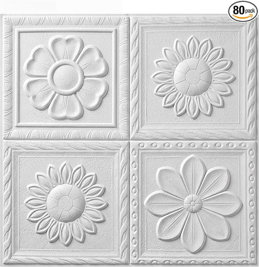 Nuanchu 80 Pcs 13.8 x 13.8 Inch Ceiling Tiles Peel and Stick, Fresh | Foam White 3D Wall Panels 26-105.5 Sq. ft Adhesive Glue up Waterproof Wallpaper for DIY Office Home by Nuanchu