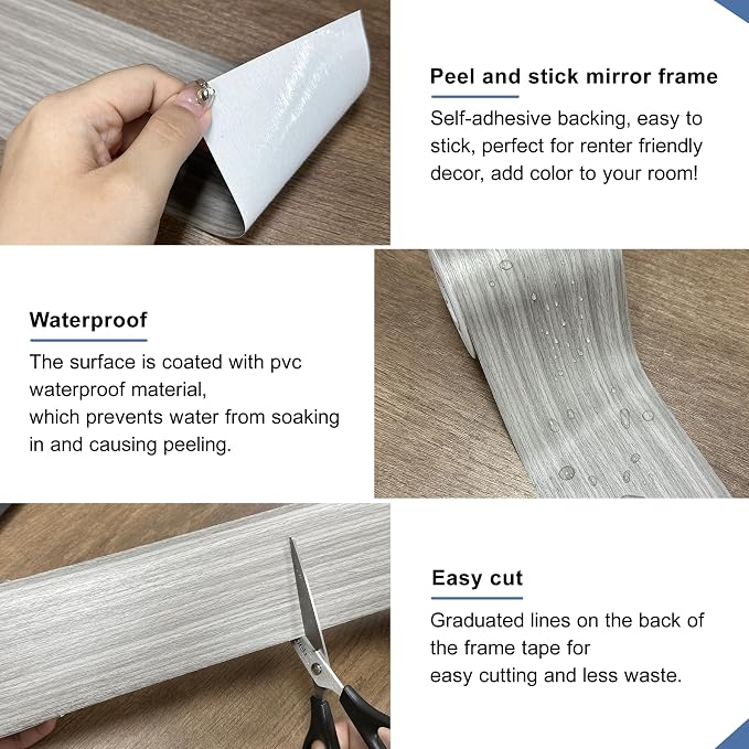 TIANLDD 27 FT Wood Grain Wallpaper Border, Removable Waterproof Mirror Border Peel and Stick,Bathroom Mirror Frame Border.(Grey) - Image 2