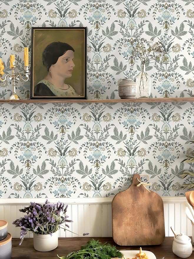 Dimoon Vintage Peel and Stick Wallpaper Boho Floral Leaf Contact Paper 197''x17.3'' Beige Grey Botanical Cottage Core Wallpaper Renter Friendly Damask Wall Paper for Bedroom Bathroom Decor Vinyl - Image 2