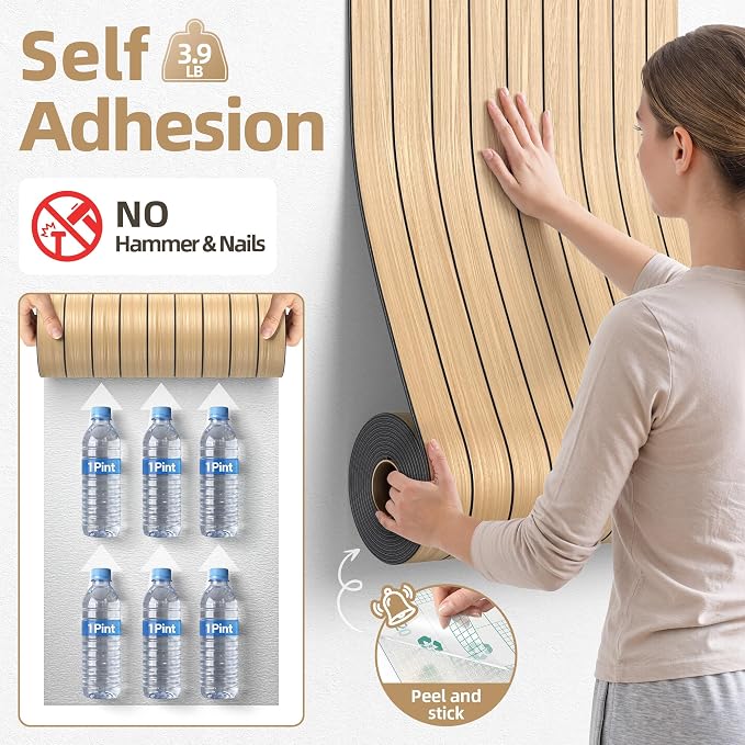 NEPIS Peel and Stick Wood Slat Wall Panels, 3D PVC Faux Oak Wood Wallpaper | 15.75"x118" Soundproof Wall Panels with Self Adhesive, Wall Coverning for Accent Walls Ceiling Bedroom Bathroom Kitchen Decor - Image 4
