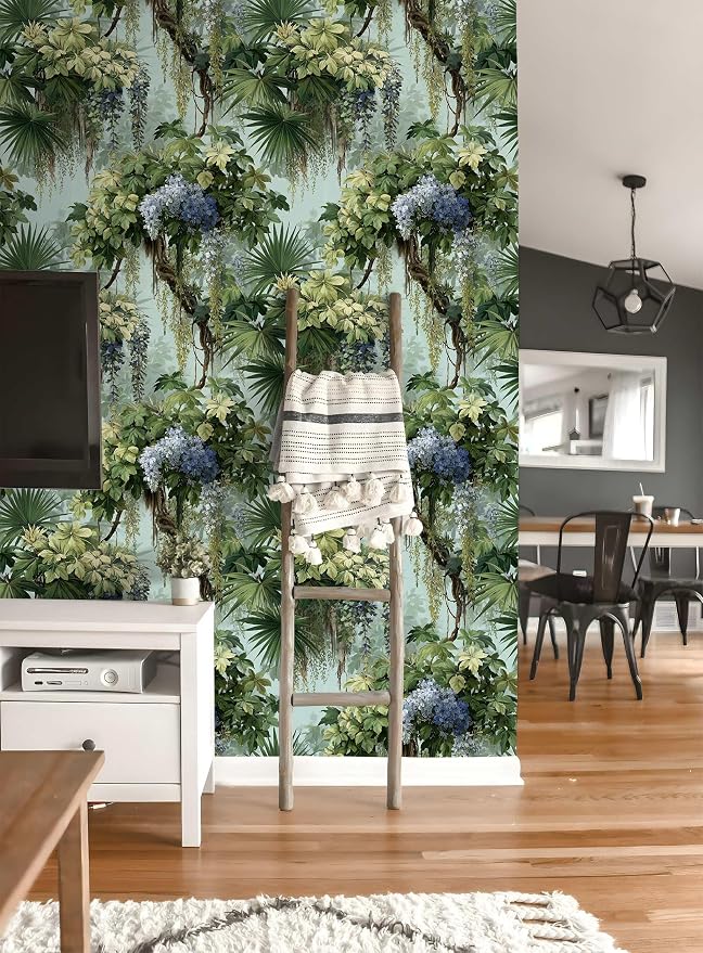 Vintage Wisteria Palm Botanical Peel and Stick Wallpaper | Soft pale backdrop wisteria and palm vine print, Removable waterproof vinyl wall covering, bedroom accent wall decor - Image 8