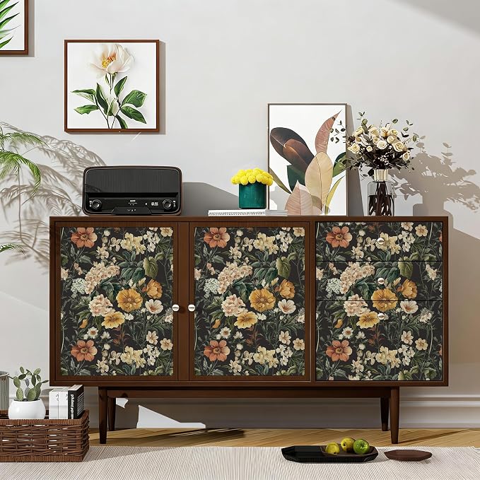 Livebor Black Floral Peel and Stick Wallpaper Flower Wallpaper16.9 x118.1 | Vintage Floral Contact Paper Boho Self Adhesive Botanical Wall Paper for Kitchen Waterproof Cabinets Decorative Vinyl - Image 4