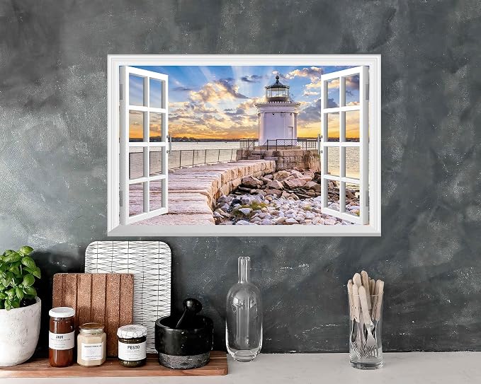 FLFK Fake Window Wall Sticker - Shoreline Lighthouse Faux Window Wall Mural for Wall Decor, Stick and Peel Wall Decals,24"x16" - Image 3