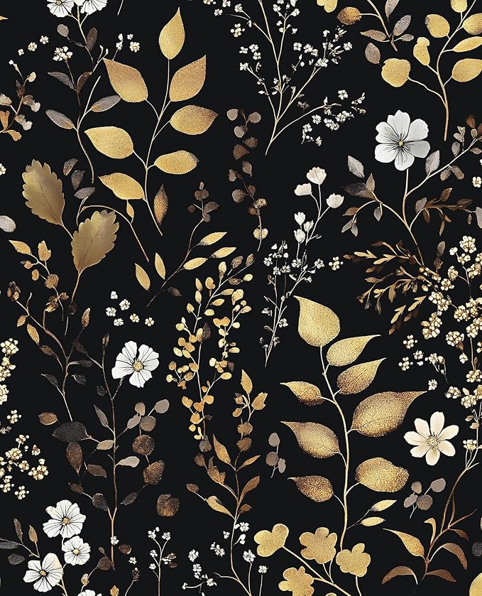 Laatse Vintage Dark Floral Gold Leaf Peel and Stick Wallpaper 17.5"x787" | Self Adhesive/Removable/Waterproof/Thick Vinyl Extra Long Contact Paper for Bathroom Bedroom Shelf Cabinet Drawer,Prepasted by Laatse