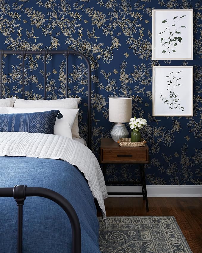 Froluya Dark Blue Peel and Stick Wallpaper Vintage Floral 17.7in×393.7in | Navy Blue and Gold Floral Self Adhesive Wall Paper Dark Birds Removable Decorative Contact Paper for Bathroom Cabinets Vinyl - Image 7