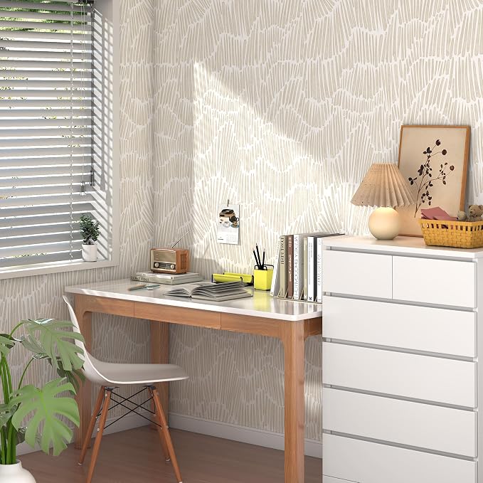 Theper Beige Contact Paper Modern Peel and Stick Wallpaper 17.3"×197" | Vinyl Boho Removable Self Adhesive Wallpaper for Bedroom Waterproof Wall Paper White and Gold Striped Wallpapers for Cabinets - Image 6