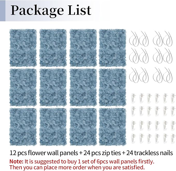 BLOSMON Flower Wall Panel Backdrop - 12 Pcs 24 x 16 Inch Dusty Blue Artificial Hydrangea Floral Backdrop for Wedding Party Baby Bridal Shower Decor, Hanging Fake Silk Hydrangea Wall DIY Decoration | Hydrangea Artificial Flower Backdrops, for Wedding, P... - Image 7