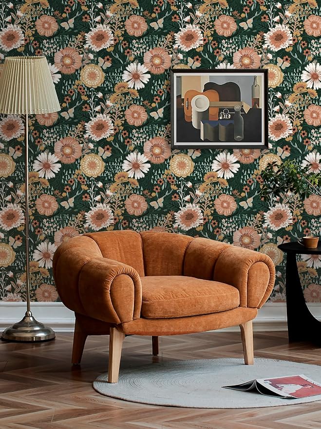 Dimoon Boho Retro Dark Green Wallpaper Peel and Stick Wallpaper Vintage Floral Contact Paper 17.3''x78.7'' Bohemian Removable Wall Paper Renter Friendly Waterproof Wall Mural Bedroom Bathroom Vinyl - Image 6