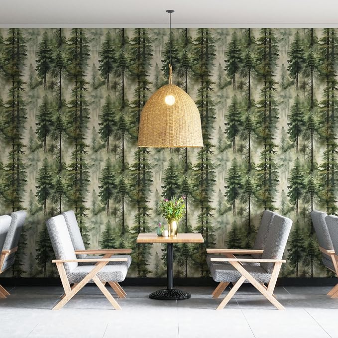 HAOKHOME Forest Wallpaper Peel and Stick Tree Green Woodland 17.3in x32.8ft | Stickly Mural Textured Removable Wall Paper Modern Landscape Mountain Botanical Waterproof for Bathroom Bedroom Contact Paper - Image 4