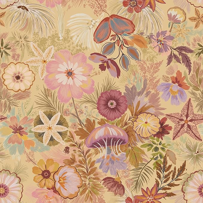 Ismoon Vintage Floral Peel and Stick Wallpaper Deep Beige Contact Paper Jellyfish Starfish Stick on Wall Paper Removable Self Adhesive Vinyl Wallpaper for Bedroom Wall Cabinet Decor 17.3x393in by Ismoon