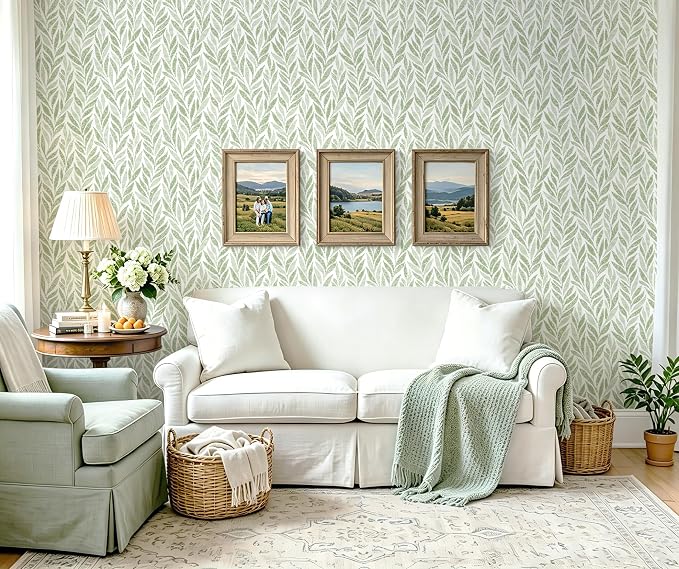 Safiyya Green Leaf Peel and Stick Wallpaper 787"x17.3" Boho Modern Farmhouse Wall Paper Sage Contact Paper Waterproof Self Adhesive Removable Wallpaper for Bedroom Bathroom Vinyl Roll - Image 7