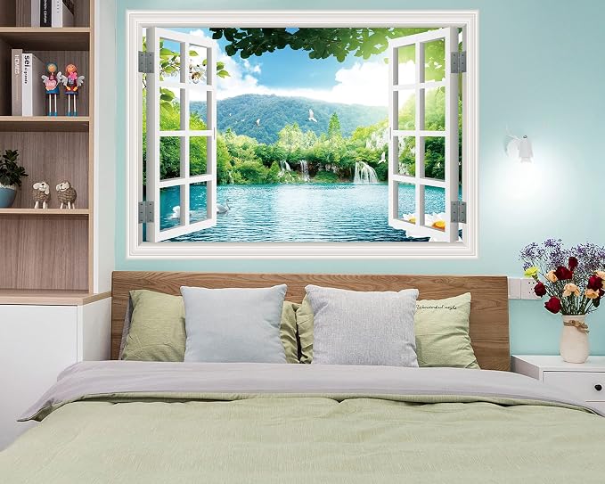 FLFK Fake Window Wall Sticker - Landscape Faux Window Wall Mural for Wall Decor, Stick and Peel Wall Decals,48"x32",Set of 2 Sheets - Image 3