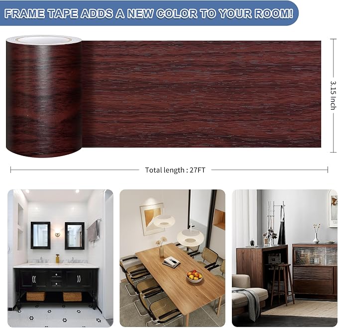 TIANLDD 27 FT Wood Grain Wallpaper Border, Removable Waterproof Mirror Border Peel and Stick,Bathroom Mirror Frame Border.(Reddish Brown Oak) - Image 3