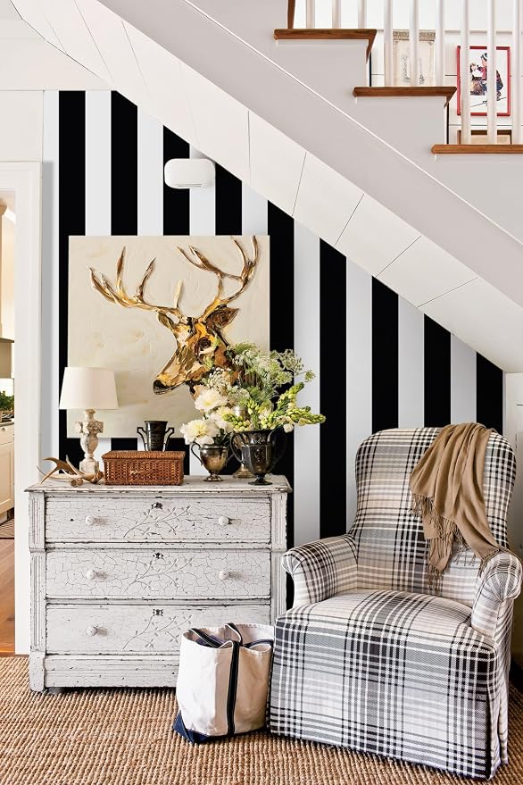 Guvana 472.4"x17.7" Striped Peel and Stick Wallpaper Black and White Self-Adhesive Wallpaper Removable Contact Paper Waterproof Wall Paper for Livingroom Cabinets Shelves Drawer Liner Decor Vinyl Roll - Image 3