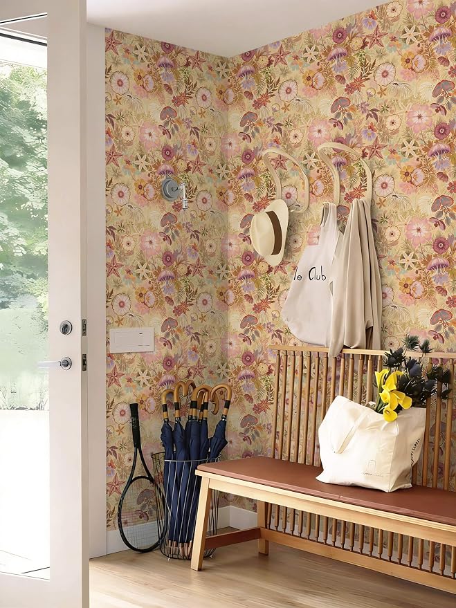 Ismoon Vintage Floral Peel and Stick Wallpaper Deep Beige Contact Paper Jellyfish Starfish Stick on Wall Paper Removable Self Adhesive Vinyl Wallpaper for Bedroom Wall Cabinet Decor 17.3x393in - Image 9
