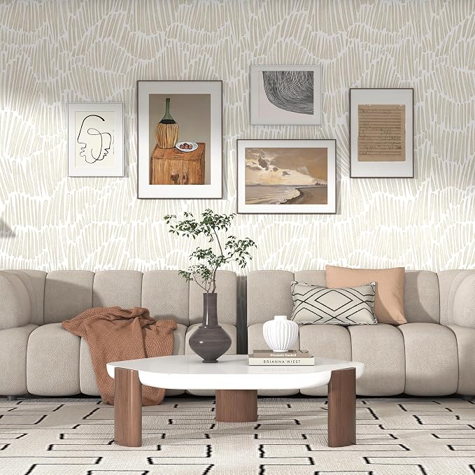 Theper Beige Peel and Stick Wallpaper Modern Contact Paper 17.3"×78.8" | Boho Striped Wallpaper Removable Self Adhesive Wall Paper for Bedroom Waterproof White and Gold Wallpapers for Cabinets Vinyl - Image 4