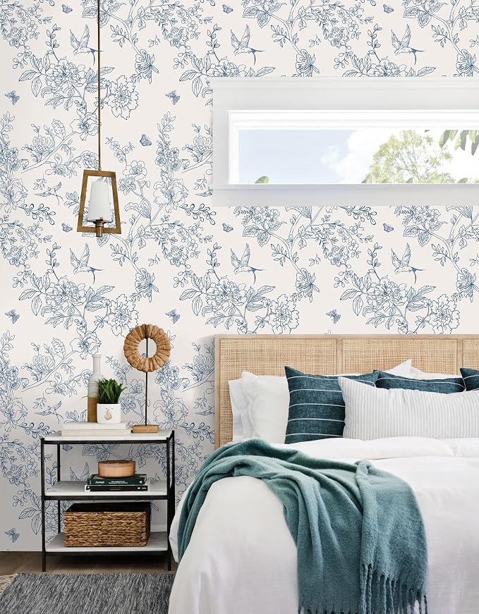 Froluya Cream White and Blue Peel and Stick Wallpaper Floral Contact Paper | 17.7in×196.8in Blue Floral Wallpaper Peel and Stick Vintage Flower Bird Self Adhesive Removable Wall Paper for Bathroom Vinyl - Image 3