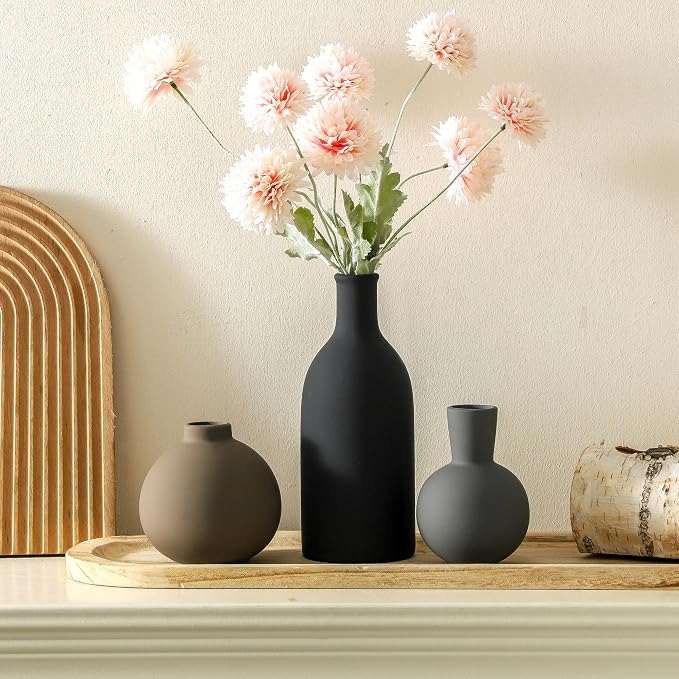 Ceramic Vase Set of 3 | Neutral Vases Home Decor | Modern Flower Pottery Vases Rustic Farmhouse Vase for Table Entryway Mantel Centerpiece Bookshelf Living Room Bathroom Bedroom -Multicolor Large - Image 6
