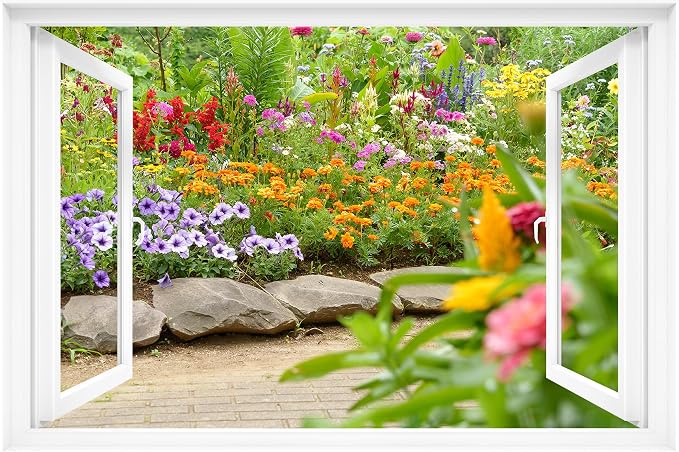 Fake Window Decal - 24"x16" Vinyl Wall Art | Garden Flower Scene Mural Sticker | Peel & Stick Removable Decor by MOKunKung