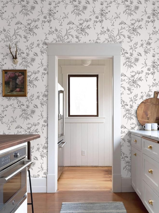 Ismoon Peel and Stick Wallpaper Floral Vintage Stick on Wall Paper Black and White Contact Paper for Cabinet French Textured Removable Self Adhesive Wallpaper Vinyl for Bedroom Wall Deco 17.3 x 78.7in - Image 5