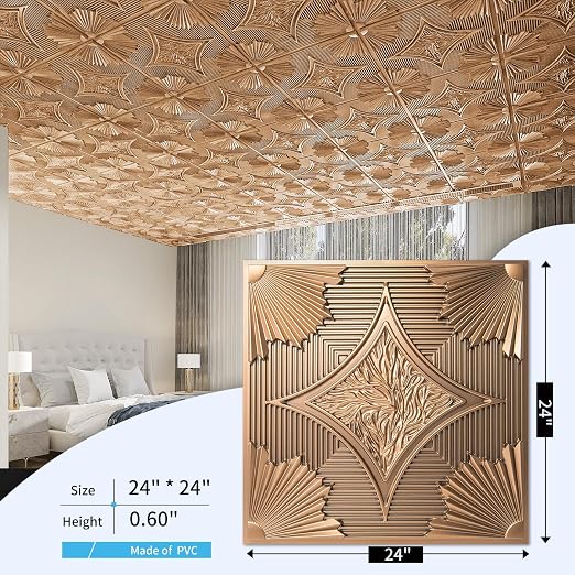 Art3d 12-Pack Waterproof 3D Drop Ceiling Tiles, 24 x 24 in, Bronze | PVC, Lightweight, No Sag and Breakage, Easy to Clean, Compatible with Grid System, Perfect for Basement, Kitchen - Image 4