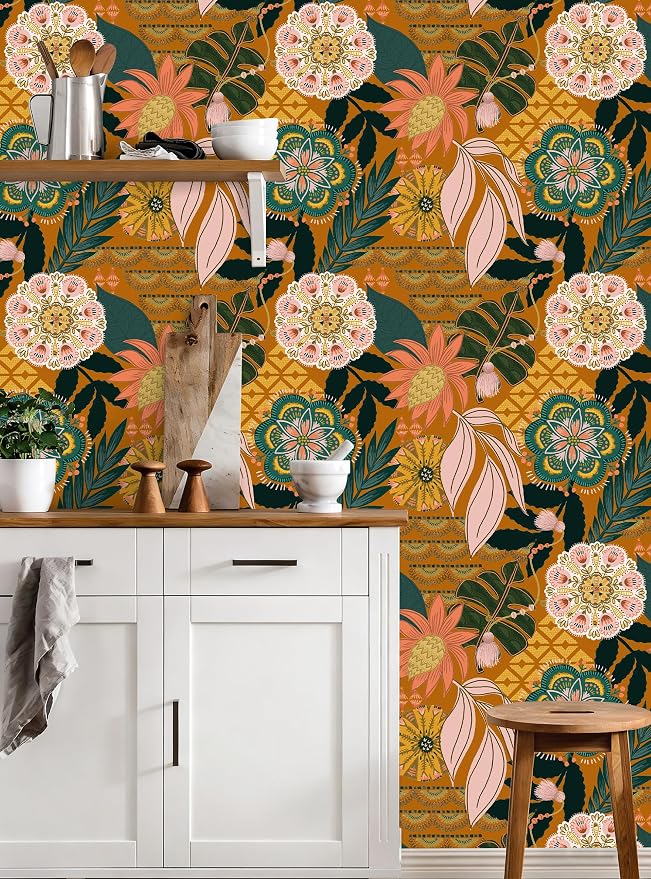 HAOKHOME Orange Peel and Stick Wallpaper Tropical Boho 17.3in x 32.8ft | Floral Botanical Texture Removable Waterproof Renter Friendly Wall Paper Terracotta Pink Green Contact Paper Bathroom Bedroom - Image 3