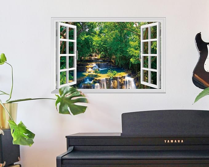 FLFK Fake Window Wall Decal - Jungle Waterfall Faux Window Wall Mural for Wall Decor, Peel and Stick Wall Sticker,24"x16" - Image 5
