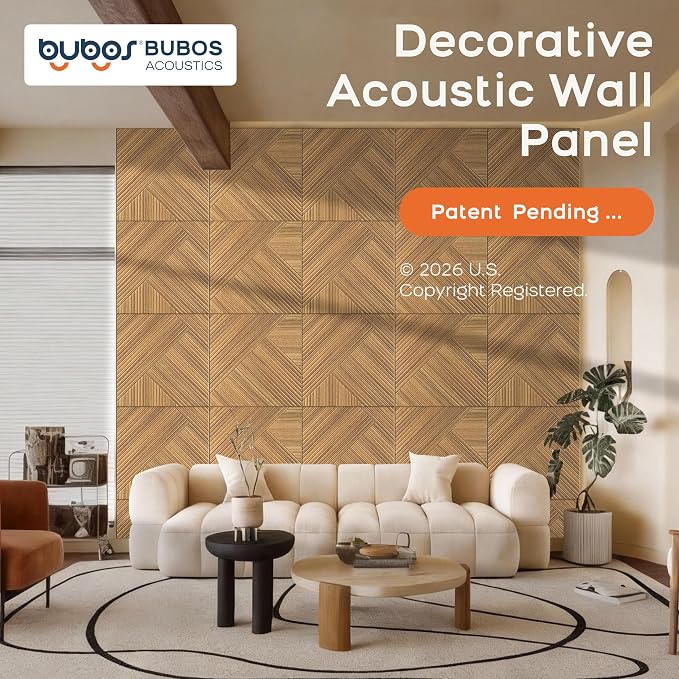 BUBOS 6 Pack Wood Wall Panel,23.6"x23.6" Peel and Stick Faux Acousitc Panel | Luxury Teak Woodgrain Textured Panel for Wall & Home Decor - Self Adhesive Sound Absorbing for Studio,Office, Living Room - Image 2