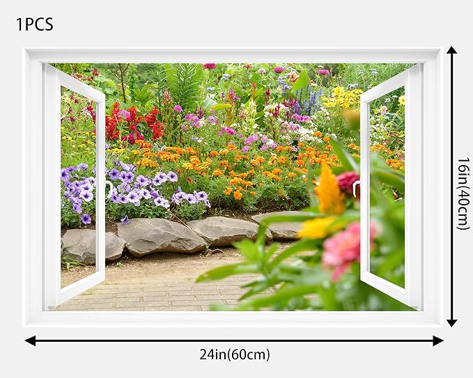 Fake Window Decal - 24"x16" Vinyl Wall Art | Garden Flower Scene Mural Sticker | Peel & Stick Removable Decor - Image 2
