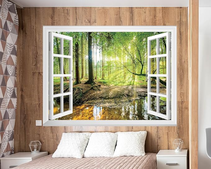FLFK Fake Window Wall Mural - Forest Jungle Faux Window Wall Sticker for Wall Decor, Stick and Peel Wall Decals,80"x60",Set of 5 Sheets - Image 4