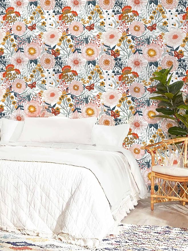 Dimoon Floral Wallpaper Peel and Stick Wallpaper Boho Retro Contact Paper 17.3''x78.7'' White Bohemian Vintage Removable Wall Paper Renter Friendly Waterproof Wall Mural Bedroom Bathroom Vinyl - Image 5