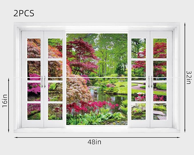 FLFK Fake Window Wall Mural - Garden View with Maple Treest Peel and Stick Decal, 48 x 32 inches, Set of 2 Sheets - Image 2
