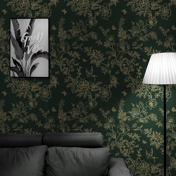Froluya Green and Gold Peel and Stick Wallpaper for Bathroom 17.7in×196.8in | Dark Green Floral Wallpaper Vintage Contact Paper Peel and Stick Flowers Birds Removable Self Adhesive Cabinets Wall Paper - Image 4