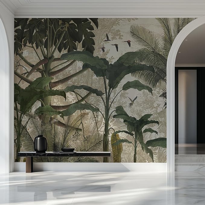 Vintage Tropical Botanical Peel and Stick Wall Mural, Canvas Wallpaper | Large Removable Jungle Mural with Palm Leaves and Birds for Dining Room, Living Room or Accent Wall Decor - Image 6
