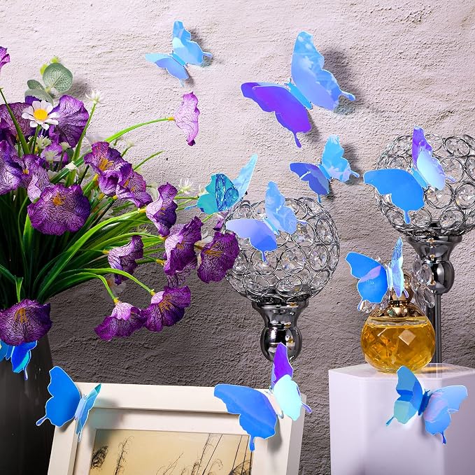 BBTO 48 Pcs 3D Butterfly Mirror Wall Decor,Blue | Butterfly Stickers,3 Sizes,for Birthday Party Cake,Room Nursery Bathroom Wall Decor,Removable Peel Stick,Reflective - Image 5